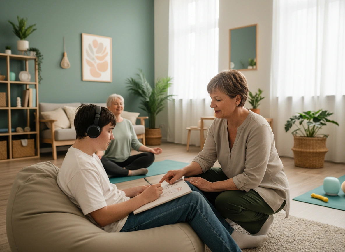 Neurodivergent client in a calm, supportive therapy setting at Holina Rehab